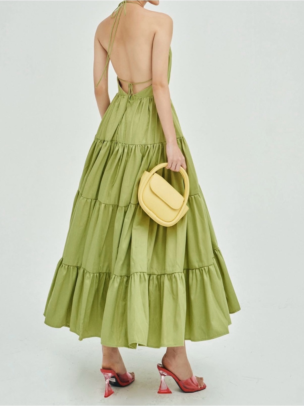 Back-Tie Tiered Maxi Dress in Light Olive